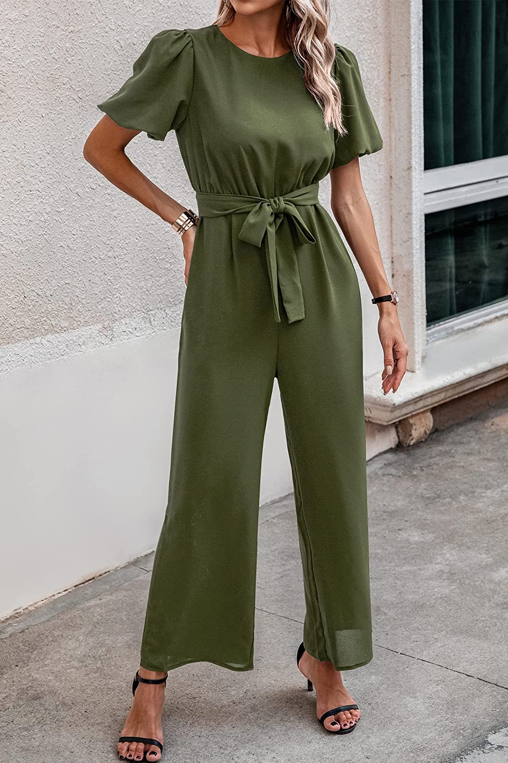 Women's Short Puff Sleeve Wide Leg Pants Jumpsuits CD461