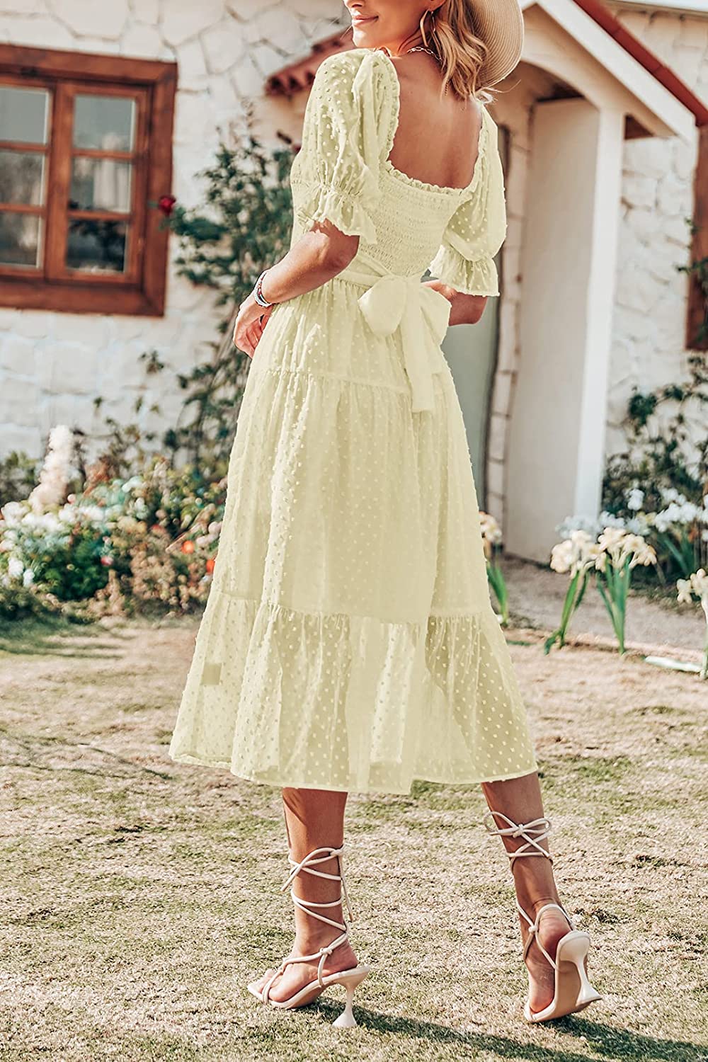 Women's Boho Swiss Dot Ruffle Flowy Tie Midi Dress CD444