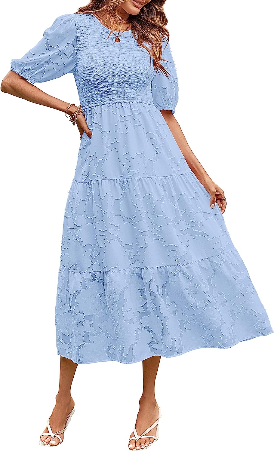 Women's Puff Sleeve Floral Crewneck Midi Dress CD451