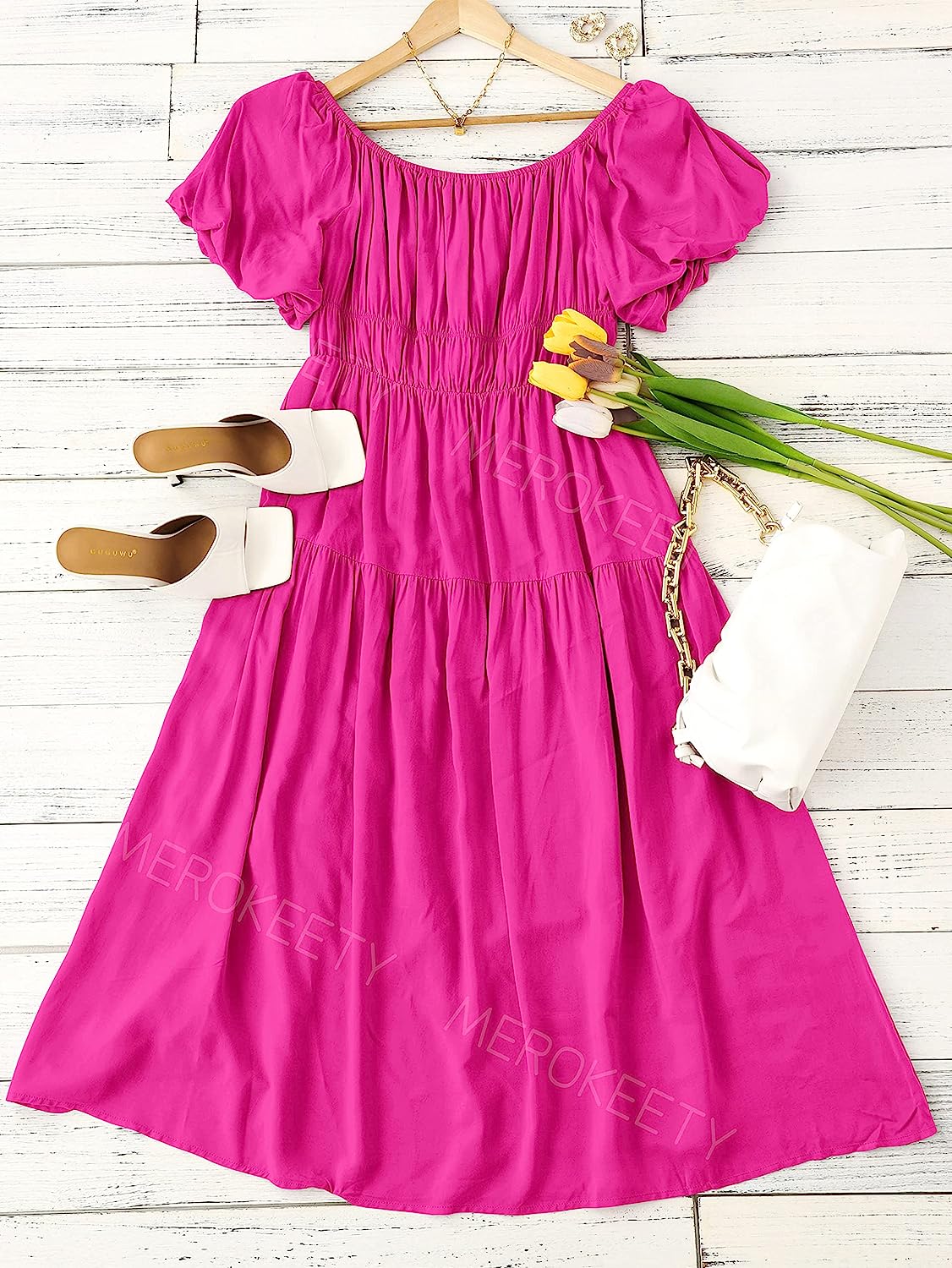Women's Puff Sleeve Off Shoulder Summer Midi Dress CD446
