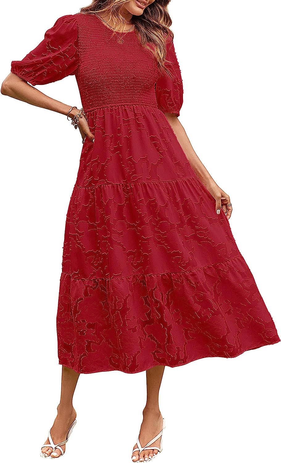 Women's Puff Sleeve Floral Crewneck Midi Dress CD451