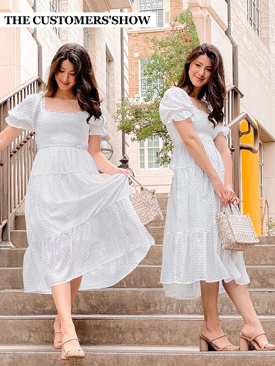 Women's Square Neck Puff Sleeve Boho Midi Dress CD436