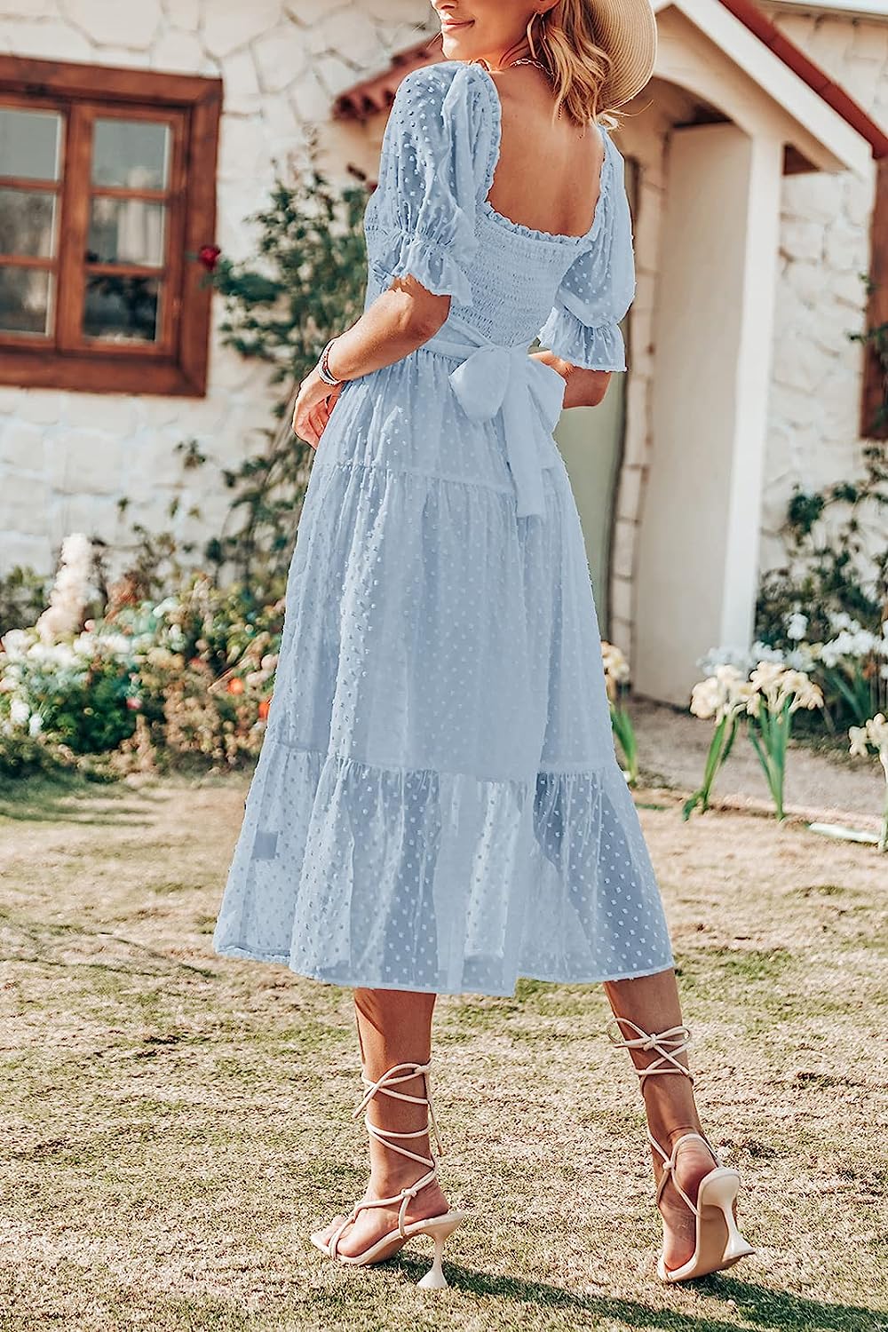 Women's Boho Swiss Dot Ruffle Flowy Tie Midi Dress CD444