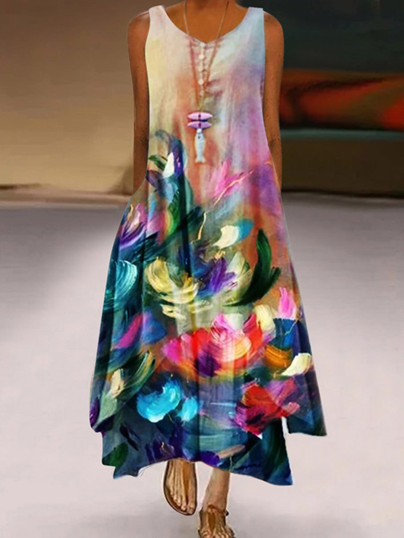 Women's Sleeveless A-Line Round Neck Bohemian Maxi Dress CD181