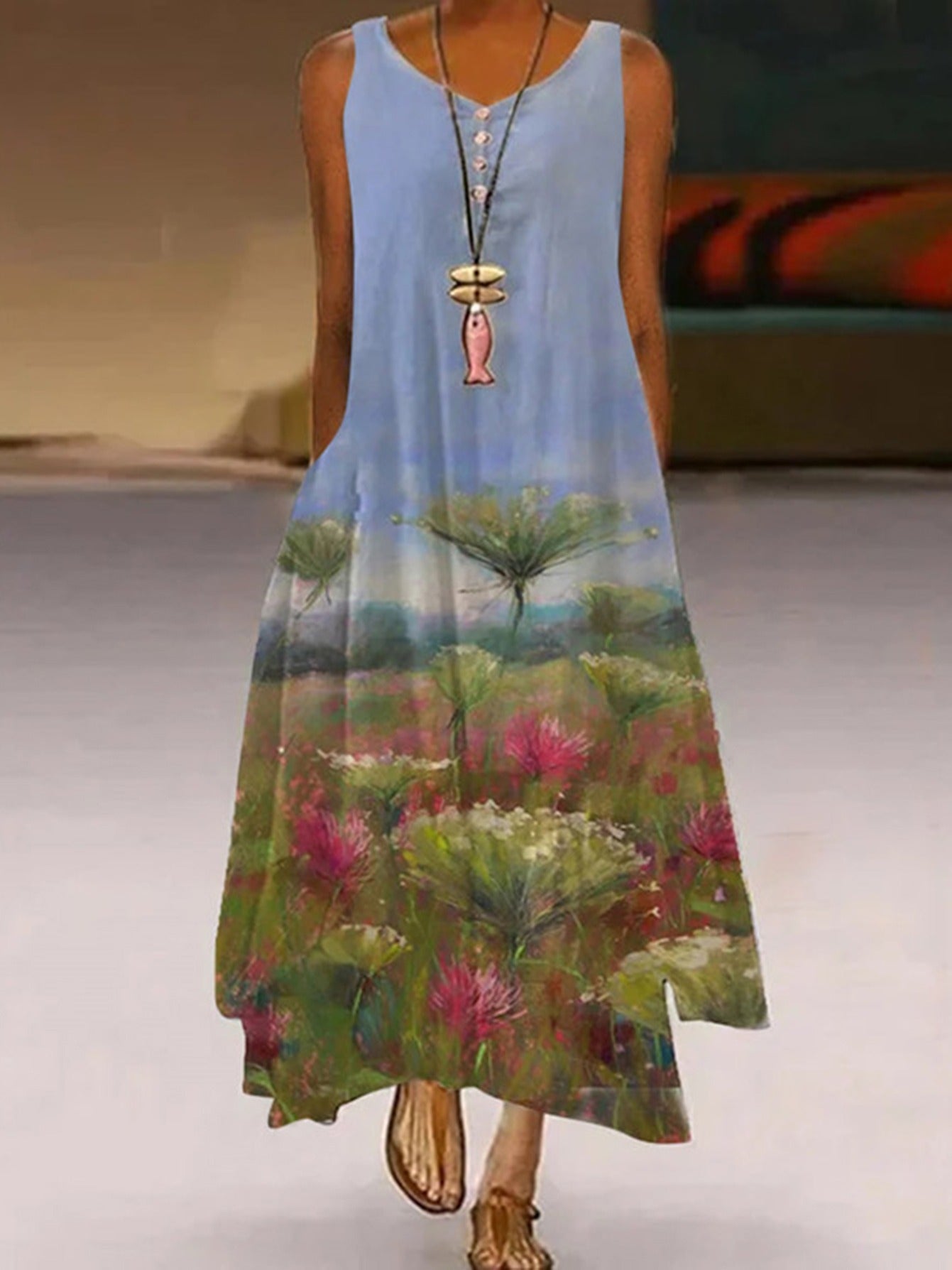 Women's Sleeveless A-Line Round Neck Bohemian Maxi Dress CD181