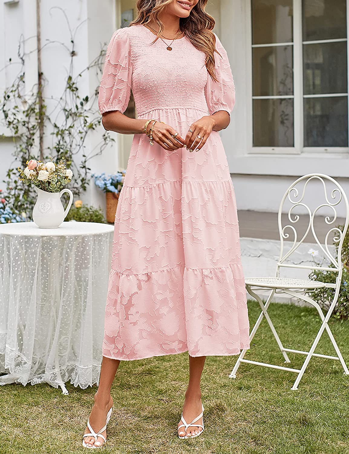 Women's Puff Sleeve Floral Crewneck Midi Dress CD451