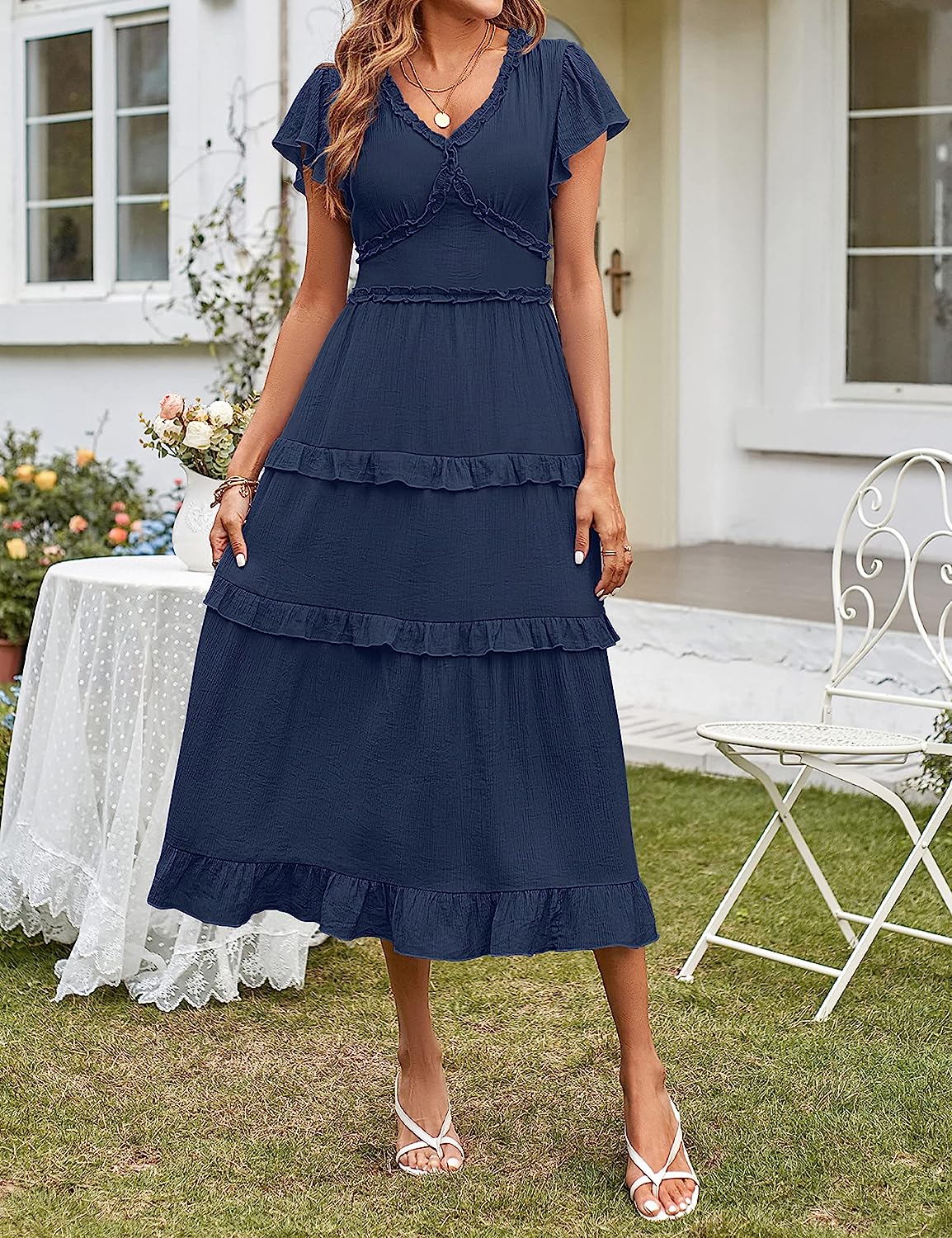 Womens V Neck Flutter Sleeve Ruffle Tiered Midi Dress CD449