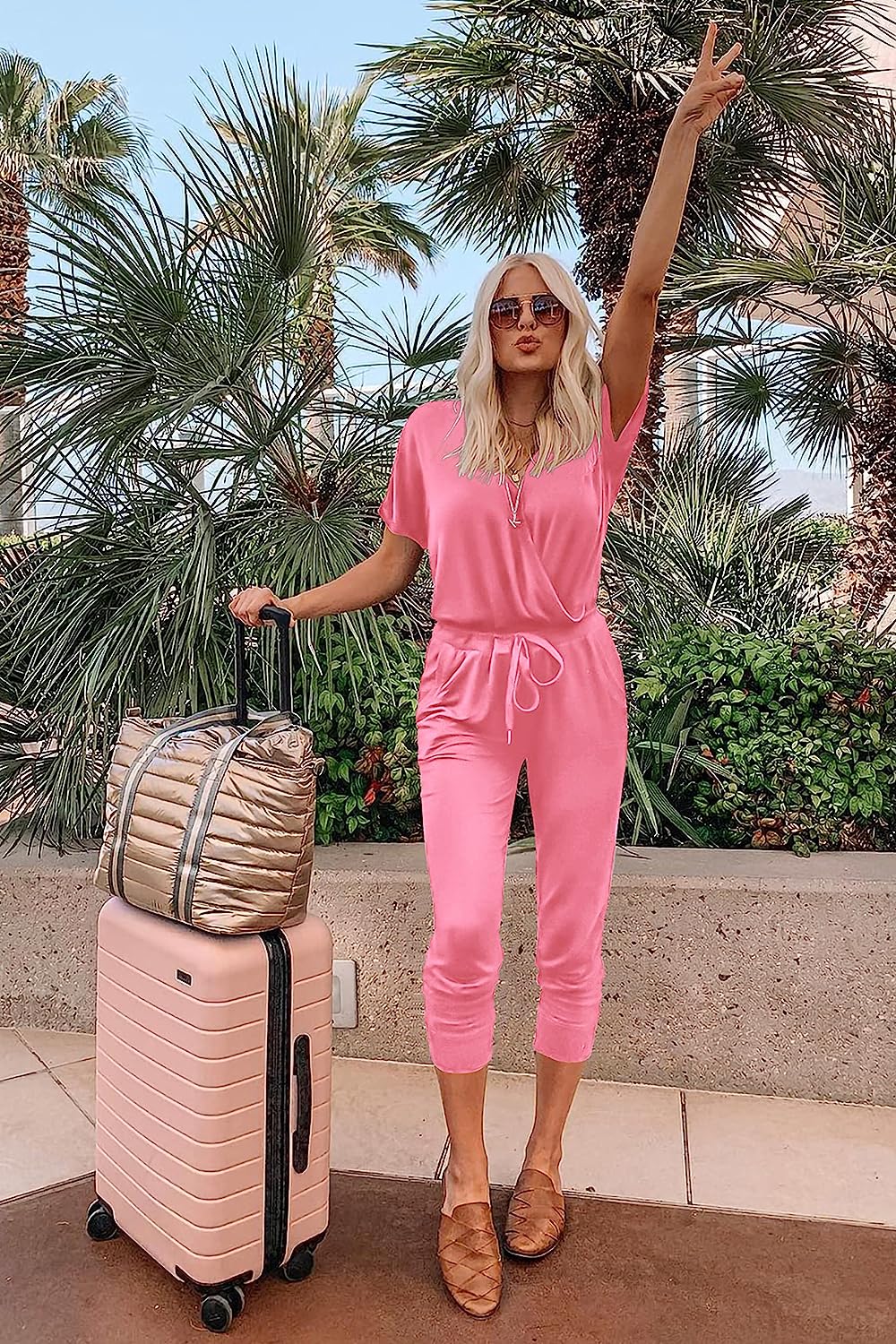 Women's Deep V Neck Drawstring Waist Jumpsuit CD496