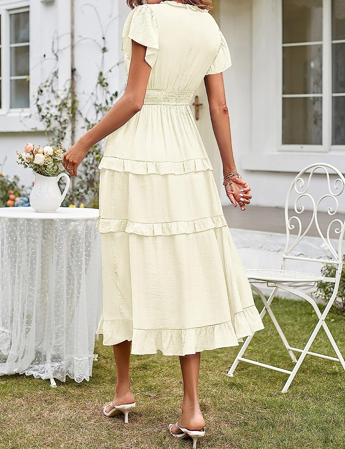 Womens V Neck Flutter Sleeve High Waist Midi Dress CD450