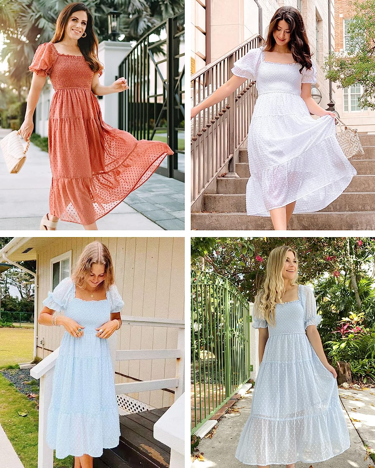 Women's Square Neck Puff Sleeve Boho Midi Dress CD436