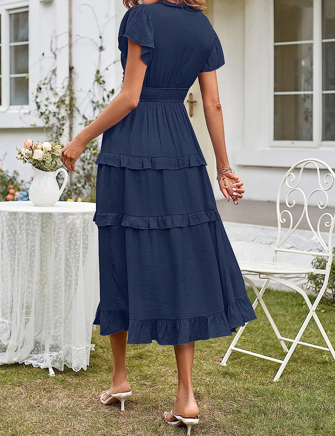 Womens V Neck Flutter Sleeve Ruffle Tiered Midi Dress CD449