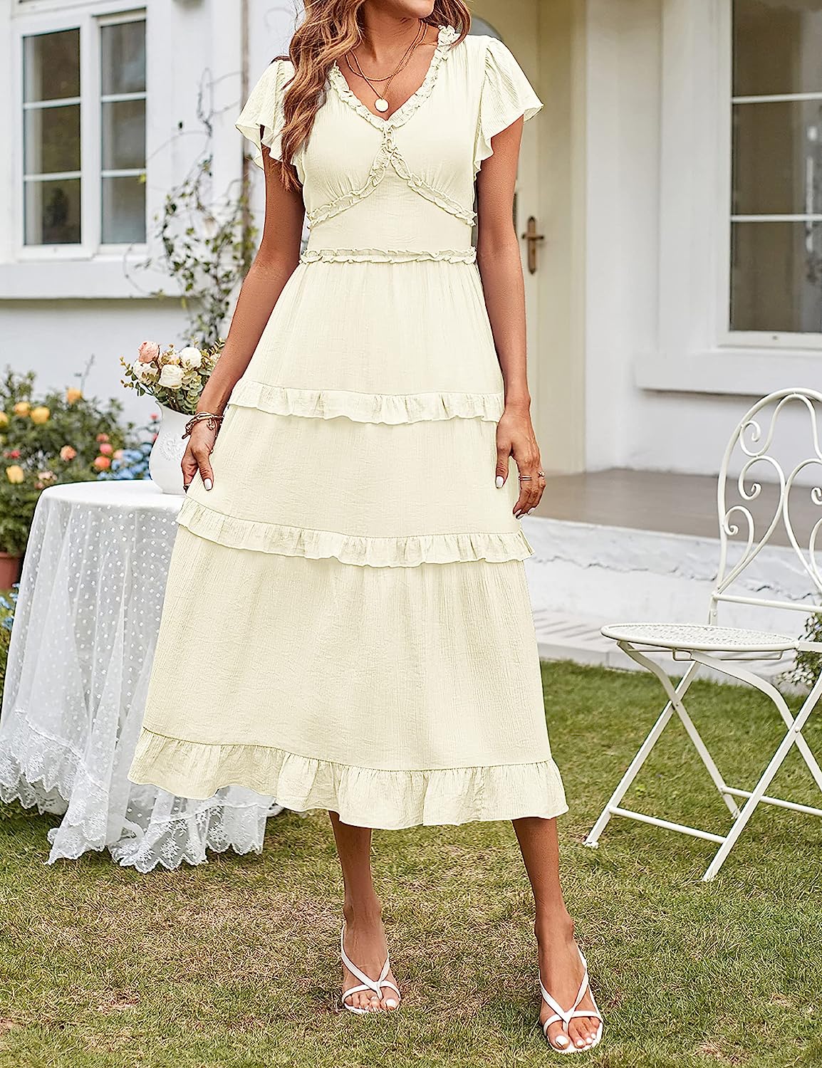 Womens V Neck Flutter Sleeve High Waist Midi Dress CD450
