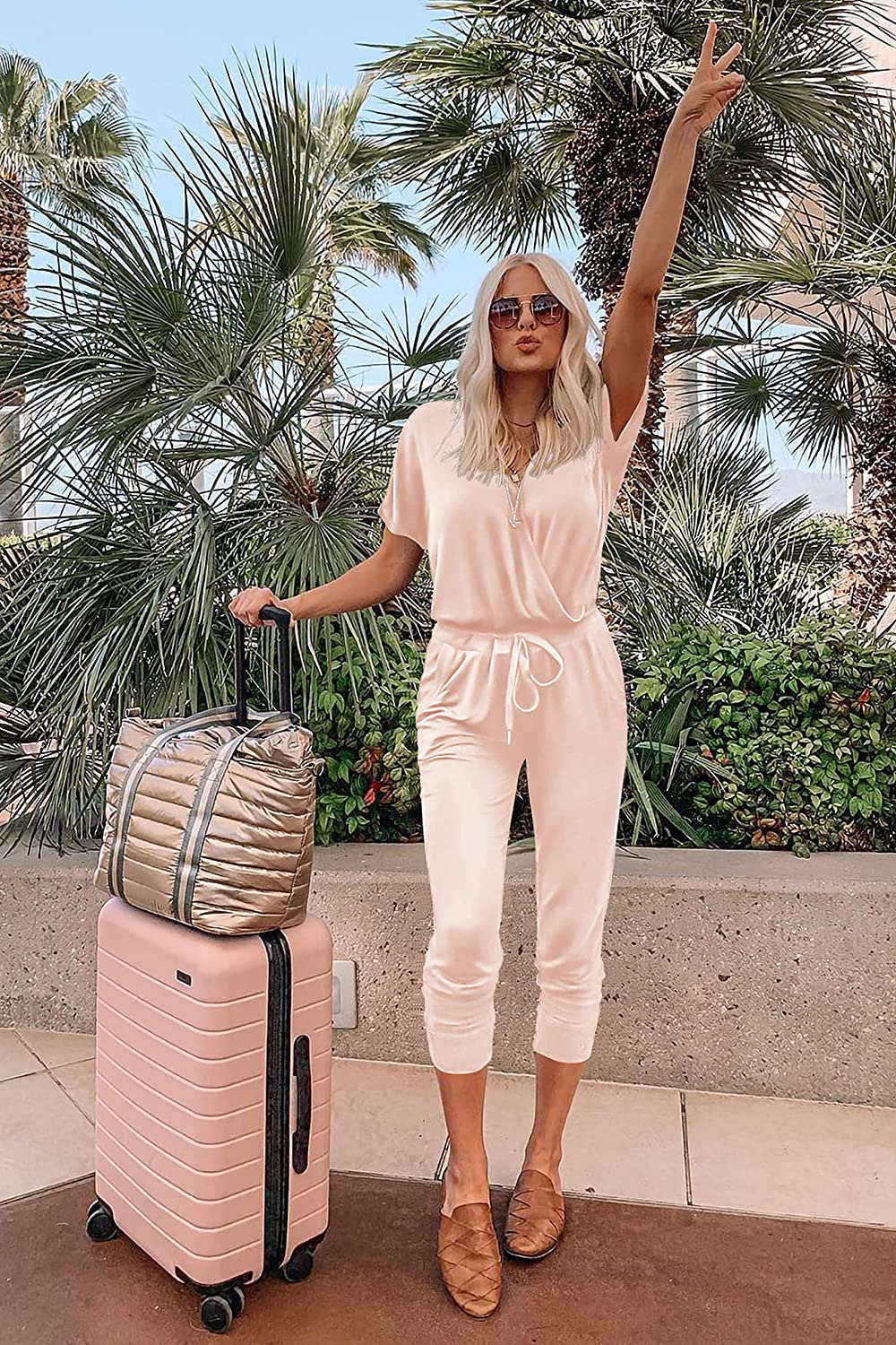 Women's Deep V Neck Drawstring Waist Jumpsuit CD496
