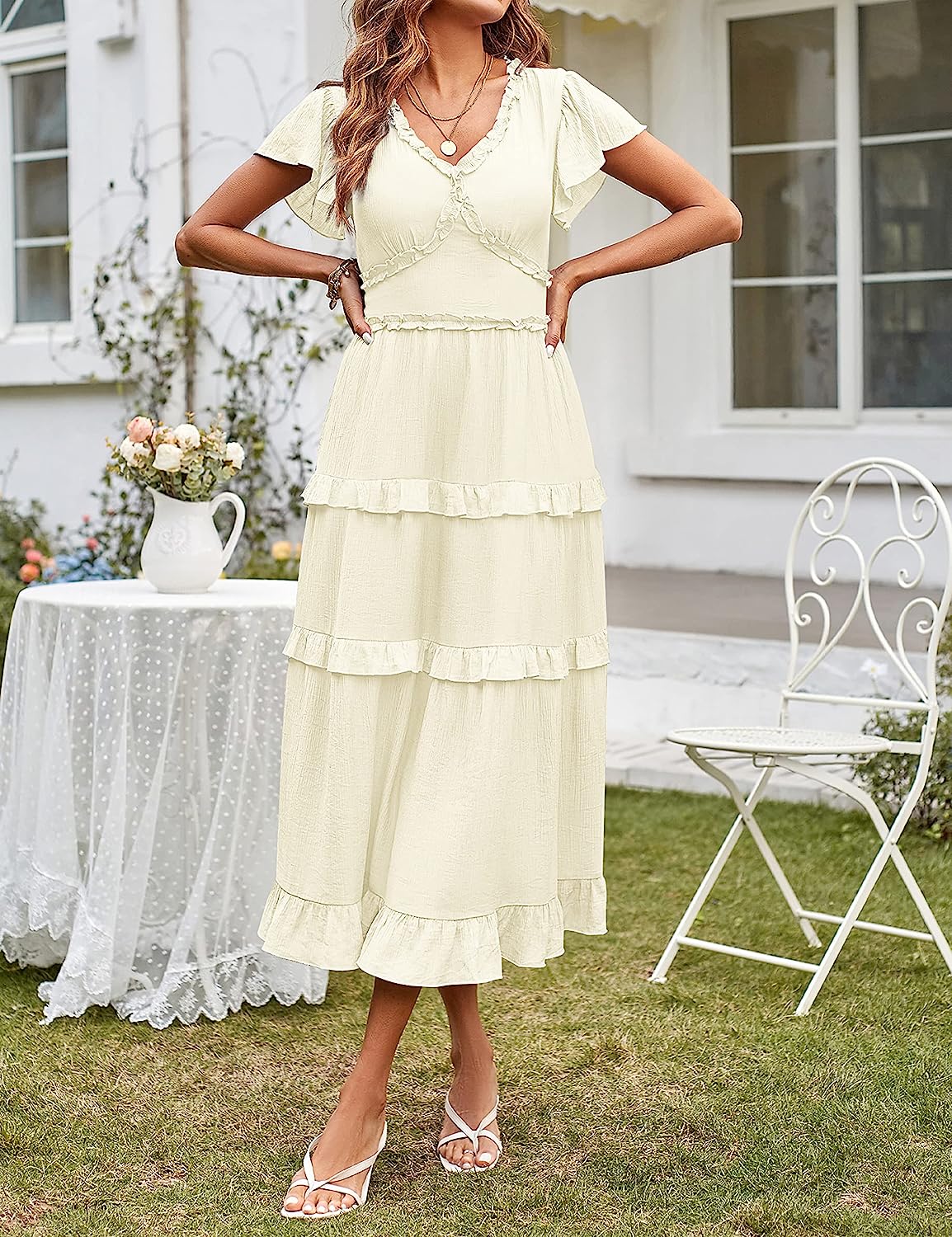 Womens V Neck Flutter Sleeve High Waist Midi Dress CD450
