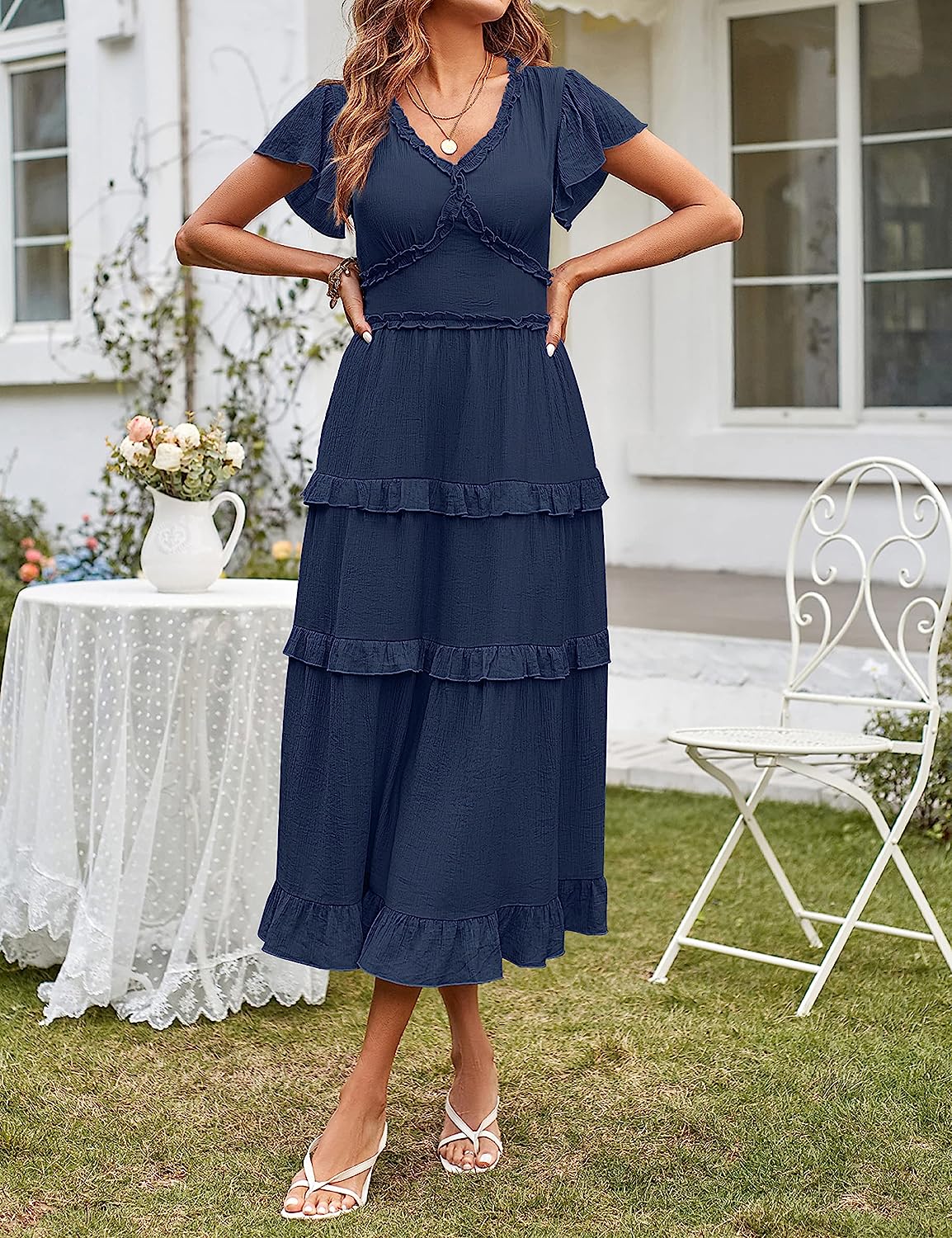 Womens V Neck Flutter Sleeve Ruffle Tiered Midi Dress CD449