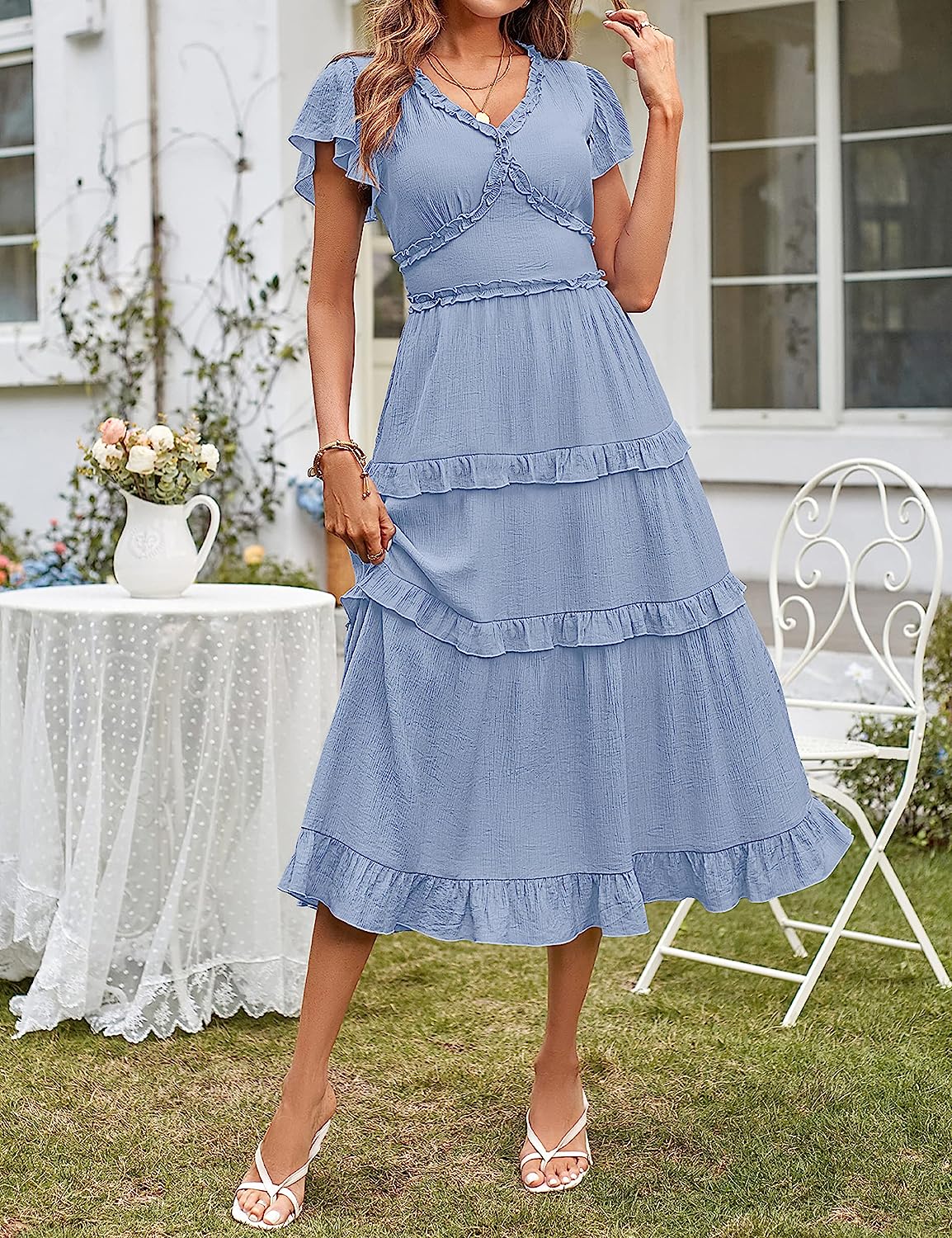 Womens V Neck Flutter Sleeve Ruffle Tiered Midi Dress CD449