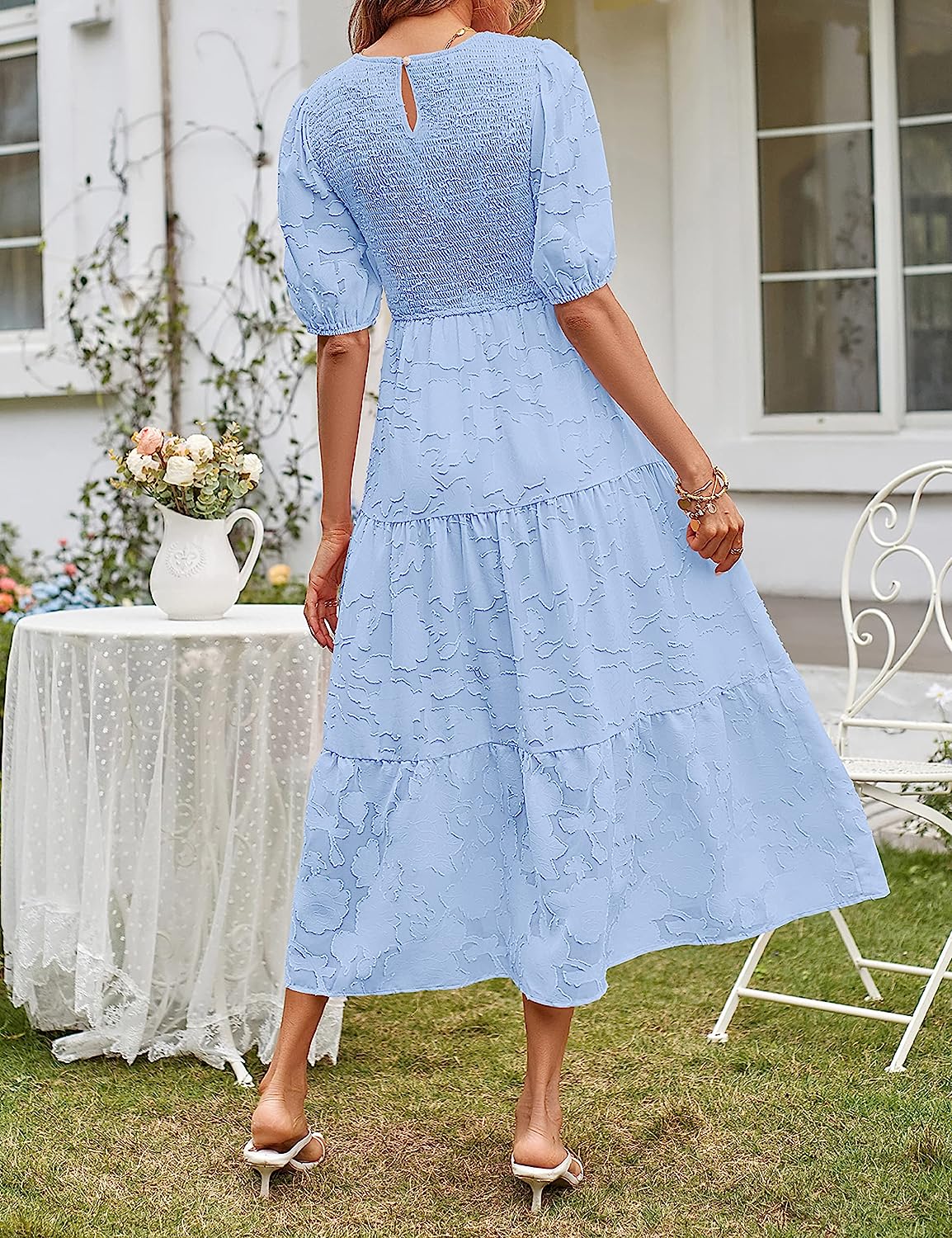 Women's Floral Crewneck Lace Flowy Tiered Midi Dress CD452