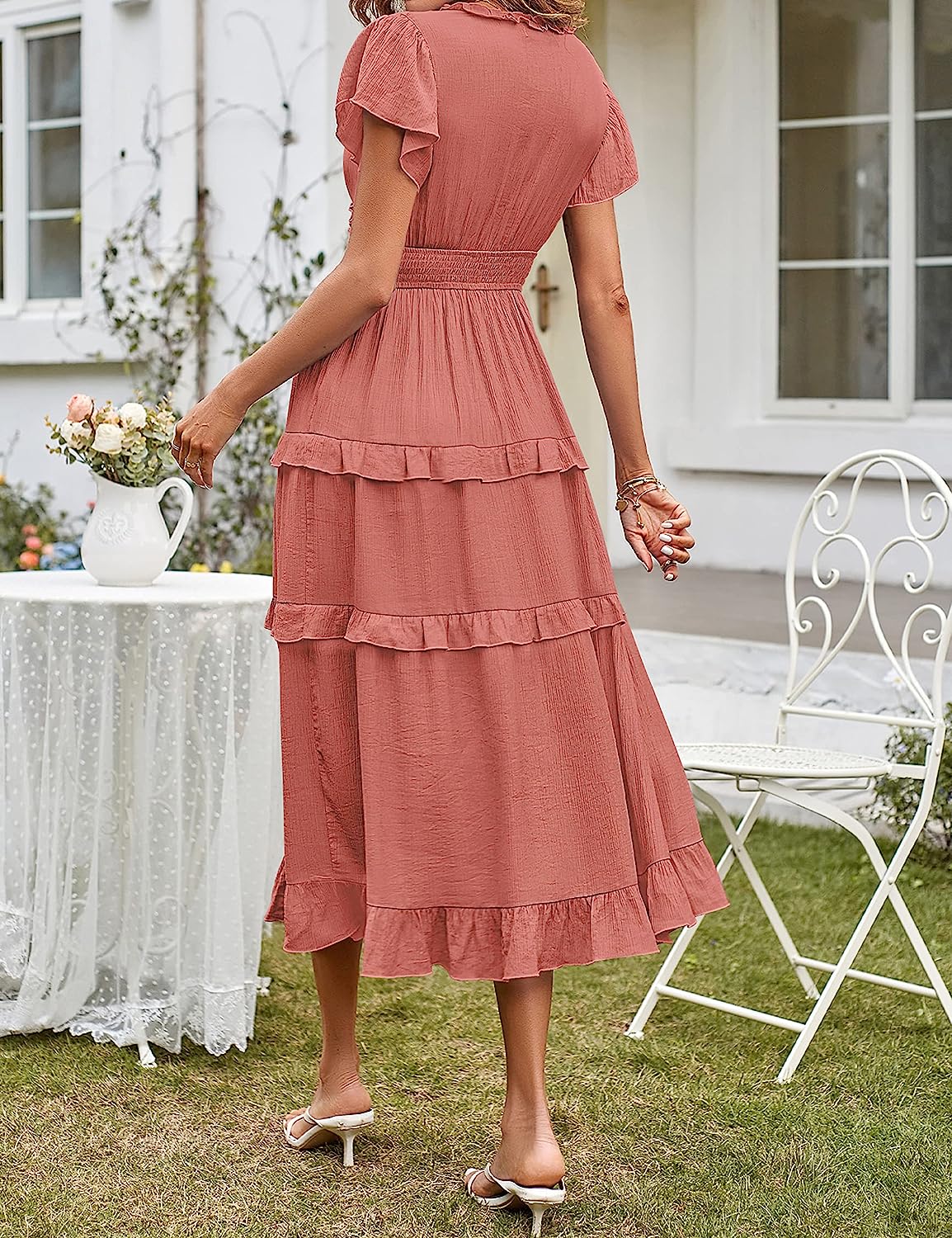 Womens V Neck Flutter Sleeve Ruffle Tiered Midi Dress CD449