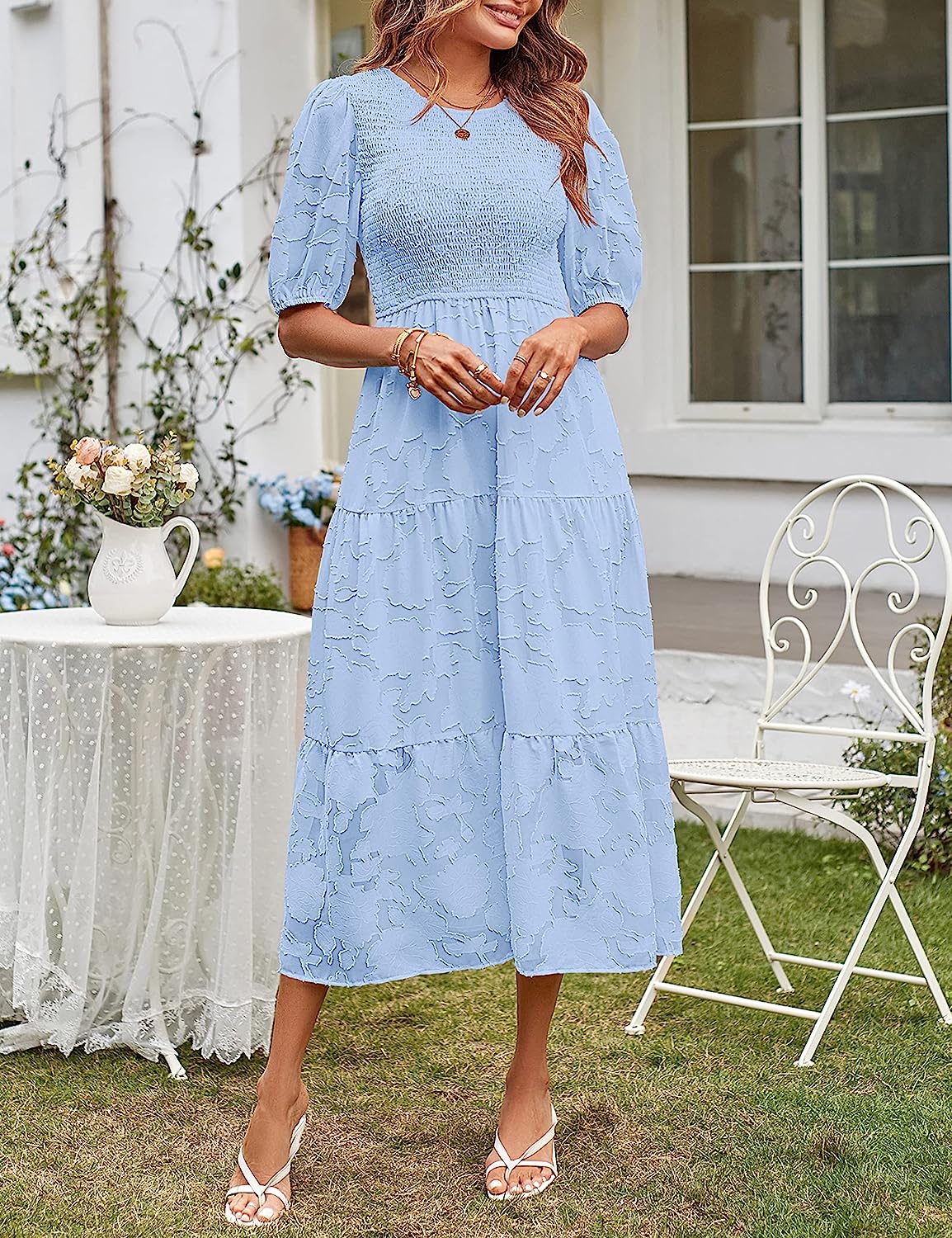 Women's Floral Crewneck Lace Flowy Tiered Midi Dress CD452