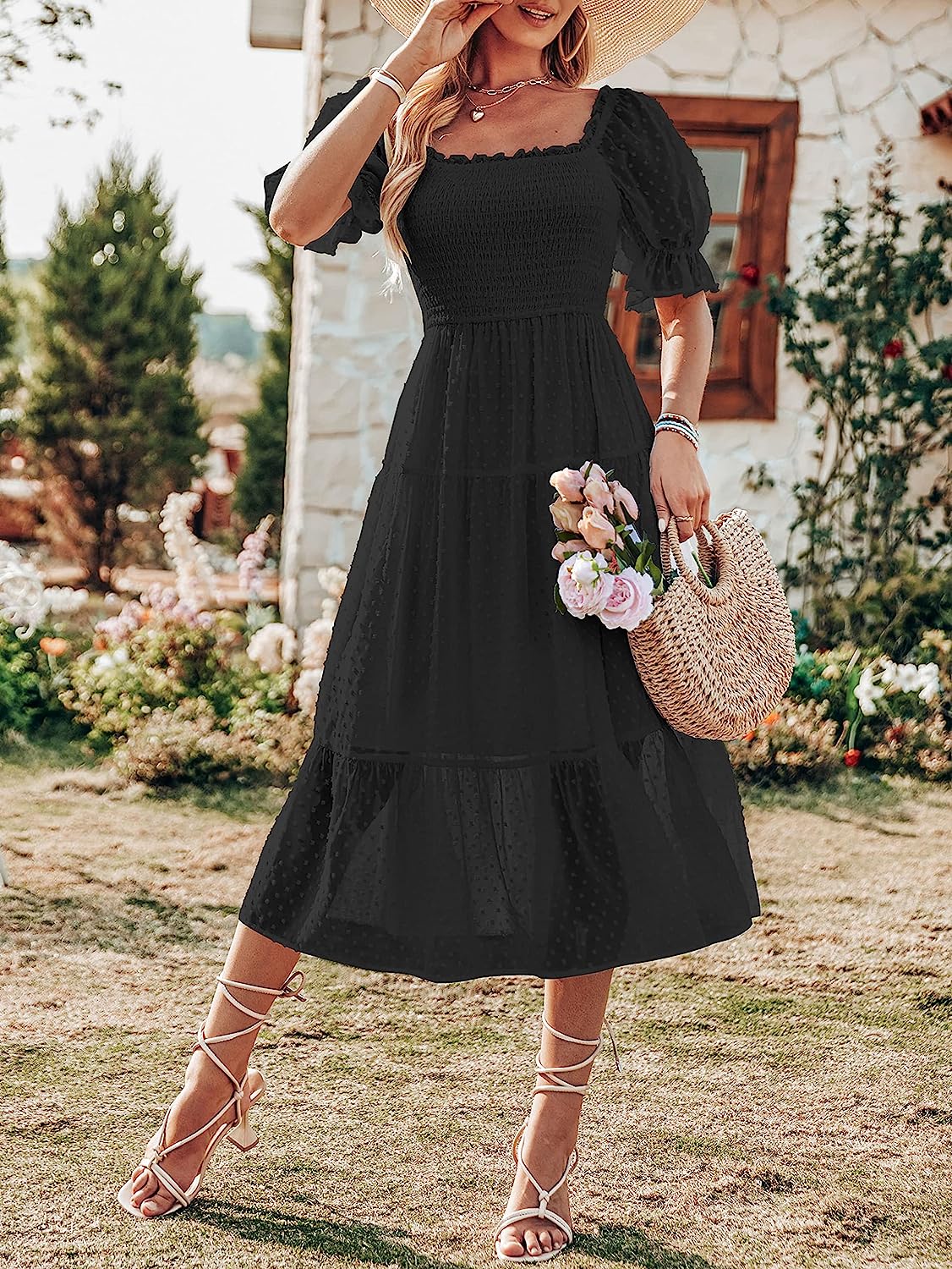 Women's Boho Swiss Dot Ruffle Flowy Tie Midi Dress CD444