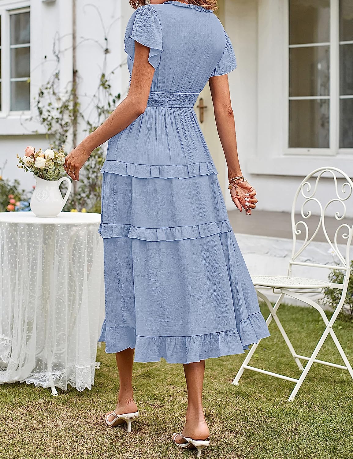 Womens V Neck Flutter Sleeve Ruffle Tiered Midi Dress CD449
