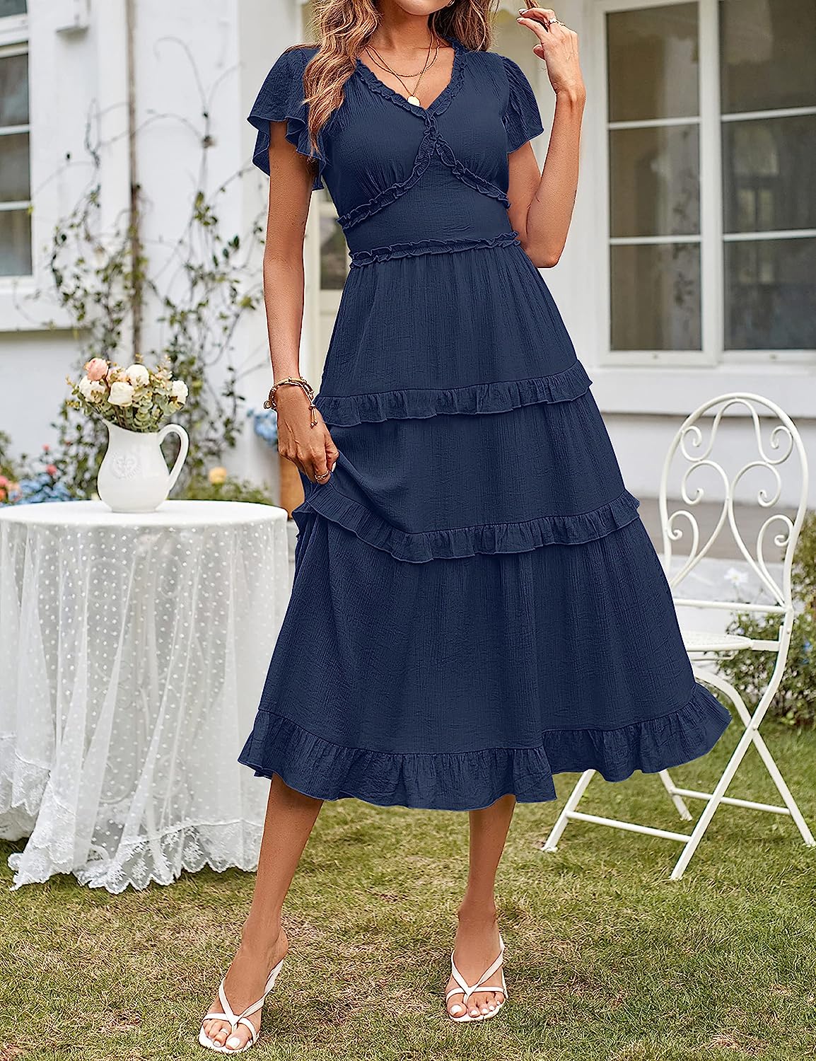 Womens V Neck Flutter Sleeve Ruffle Tiered Midi Dress CD449