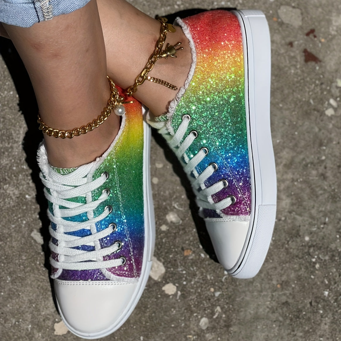 Women's Glitter Rainbow Print Canvas Lace Up Sneakers CD415
