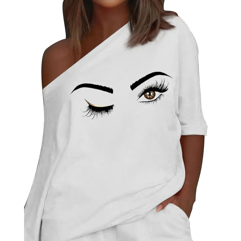 Printed Diagonal Collar Long Sleeved Casual Loose Fitting Set CD627
