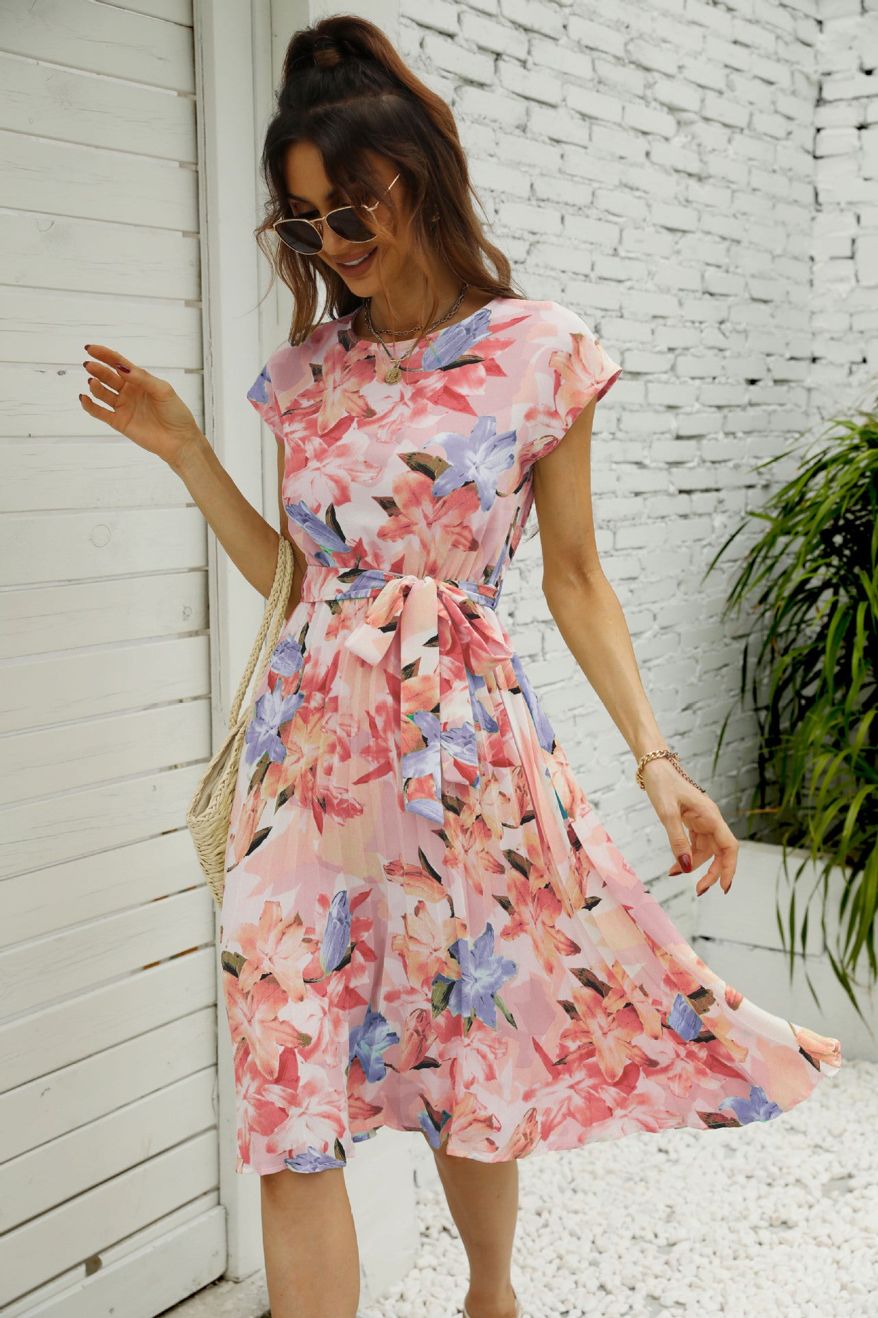 Women's Short Sleeve Crewneck Print Dress CD534