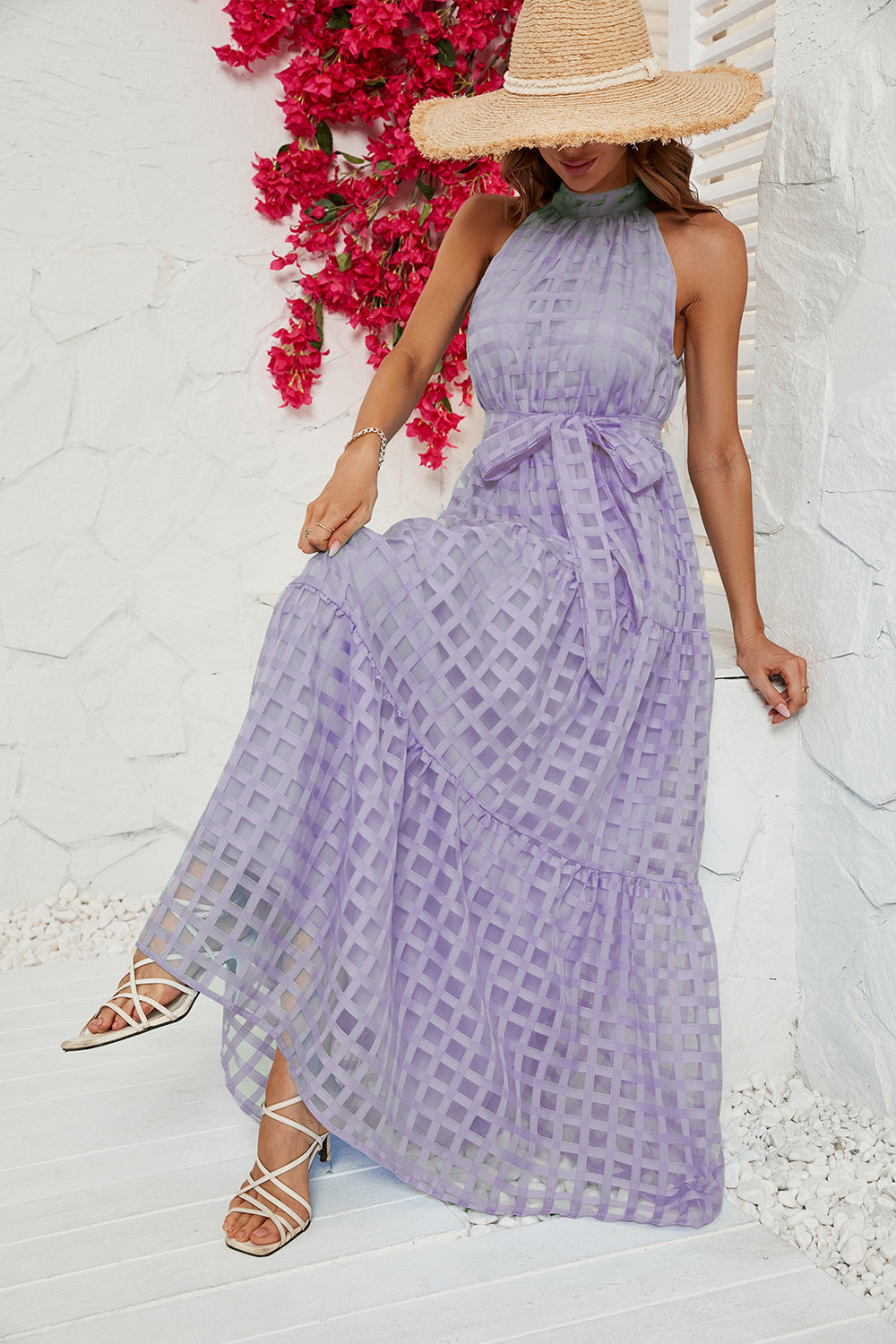 Women's Round Neck Ruffled Lace-up Dress CD554