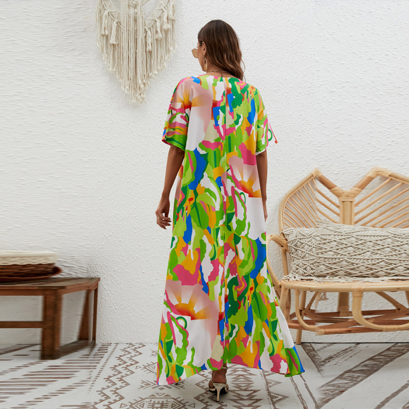Women's Printed Loose Swing Short Sleeve Dress CD511