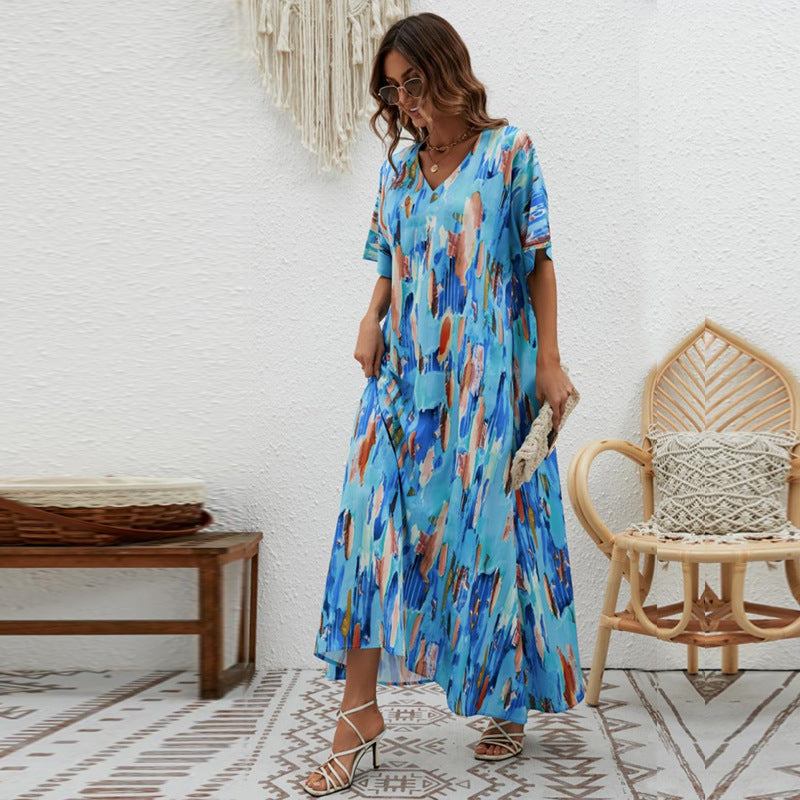 Women's Printed Loose Swing Short Sleeve Dress CD511