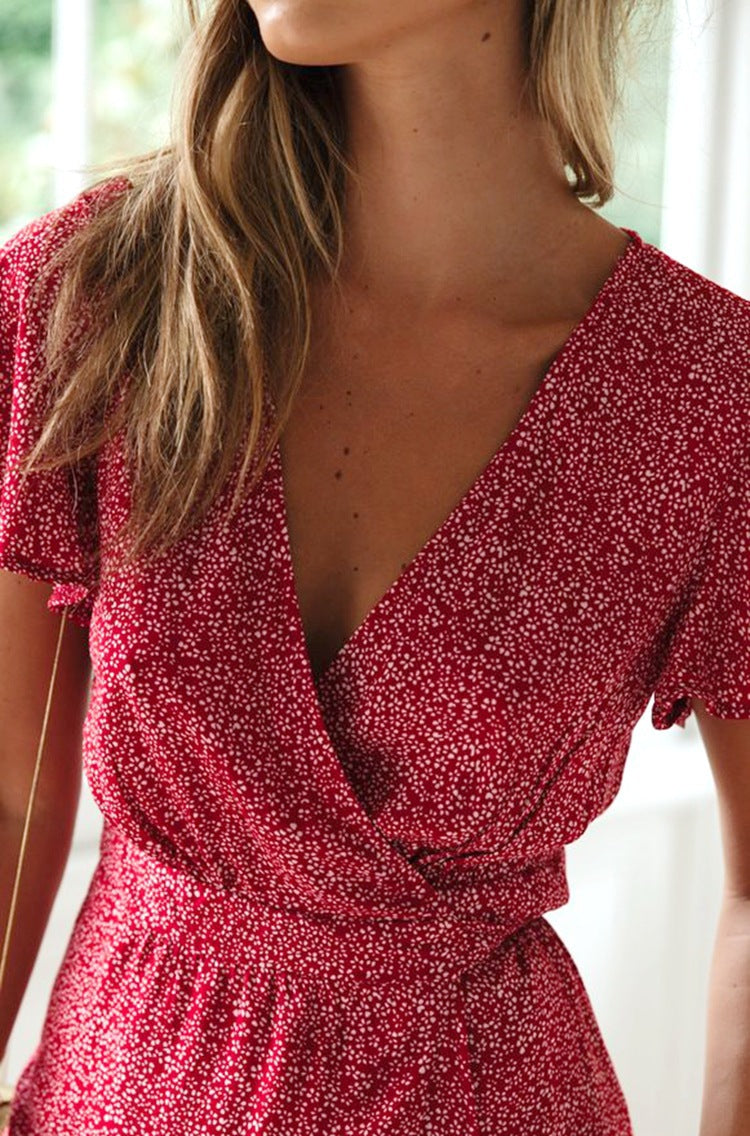 Ruffled Short Sleeves V-neck Print Dress CD307