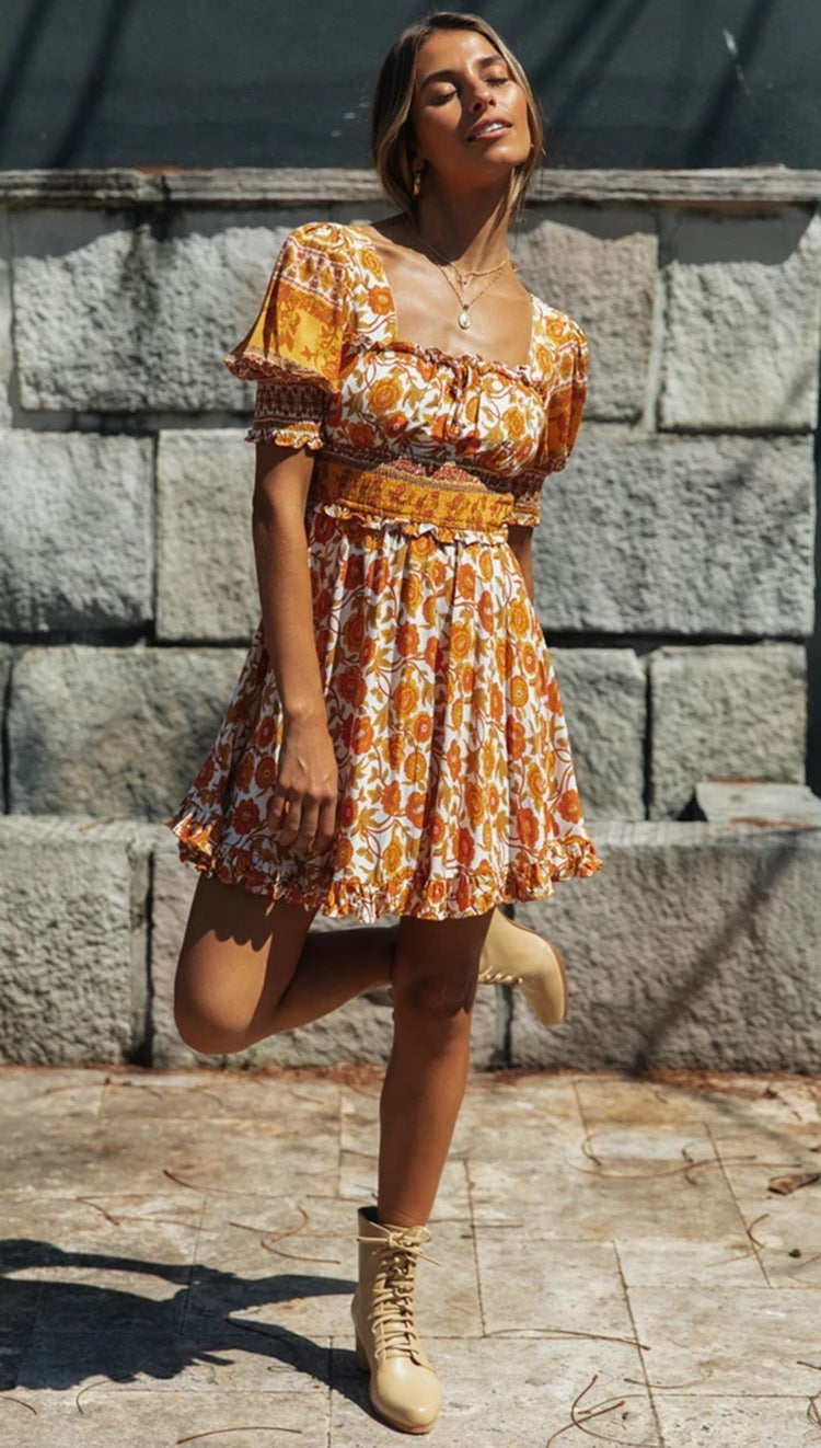 Printed Ruffled Lanbul Short-sleeved High-rise Dress CD360