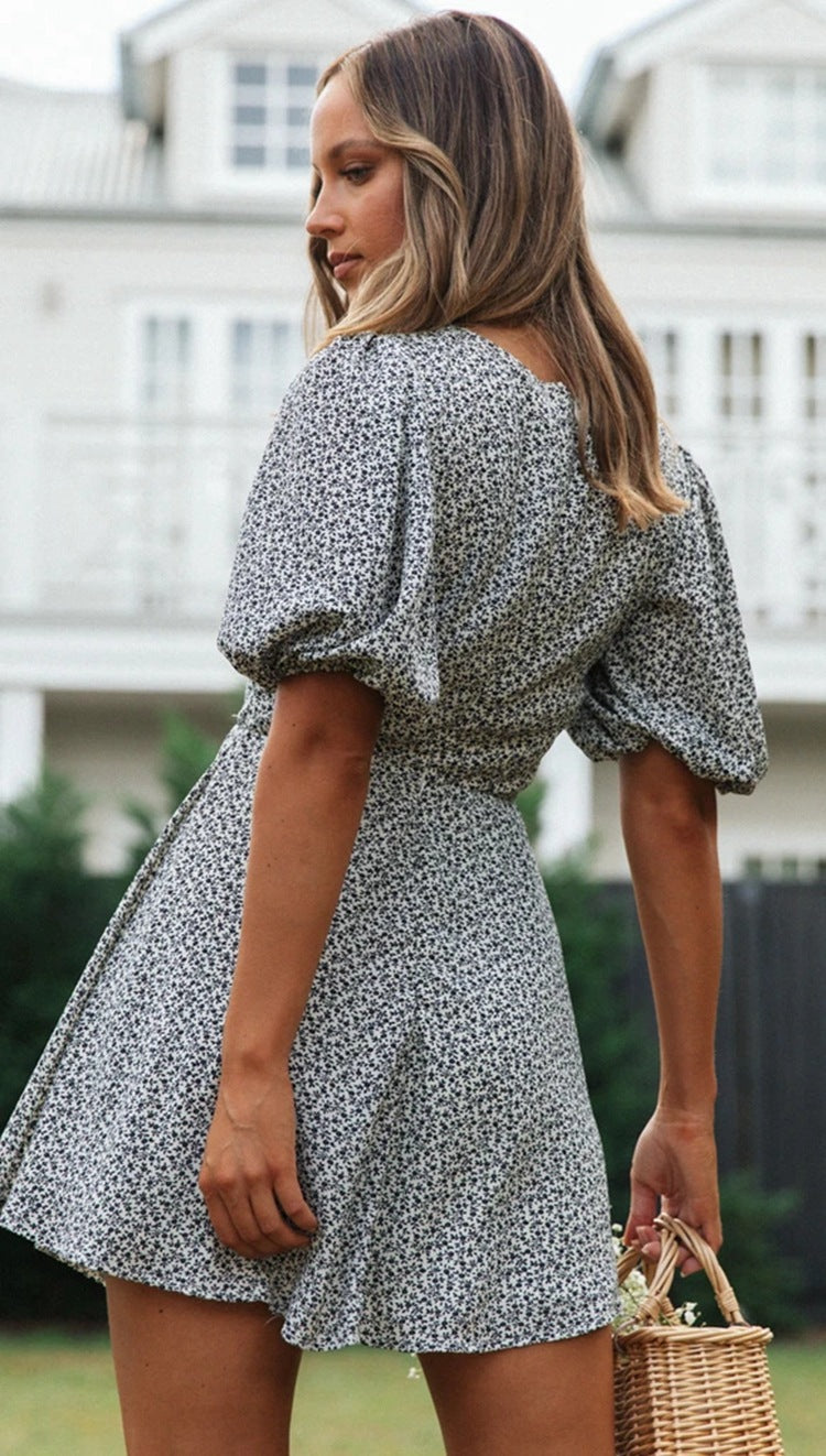 Floral Bow V-Neck Bubble Short Sleeve Dress CD359