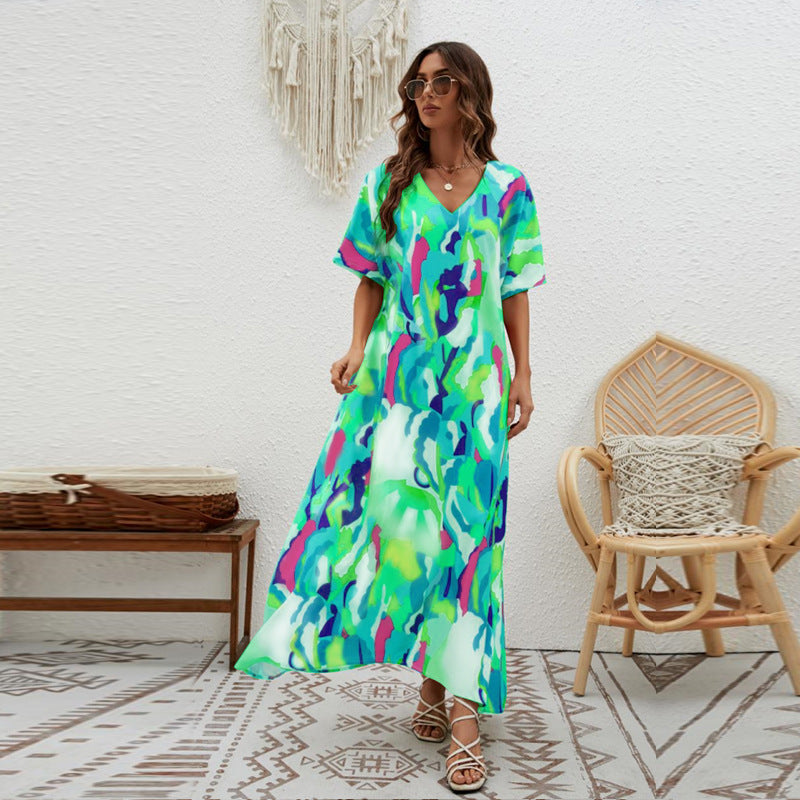 Women's Printed Loose Swing Short Sleeve Dress CD511