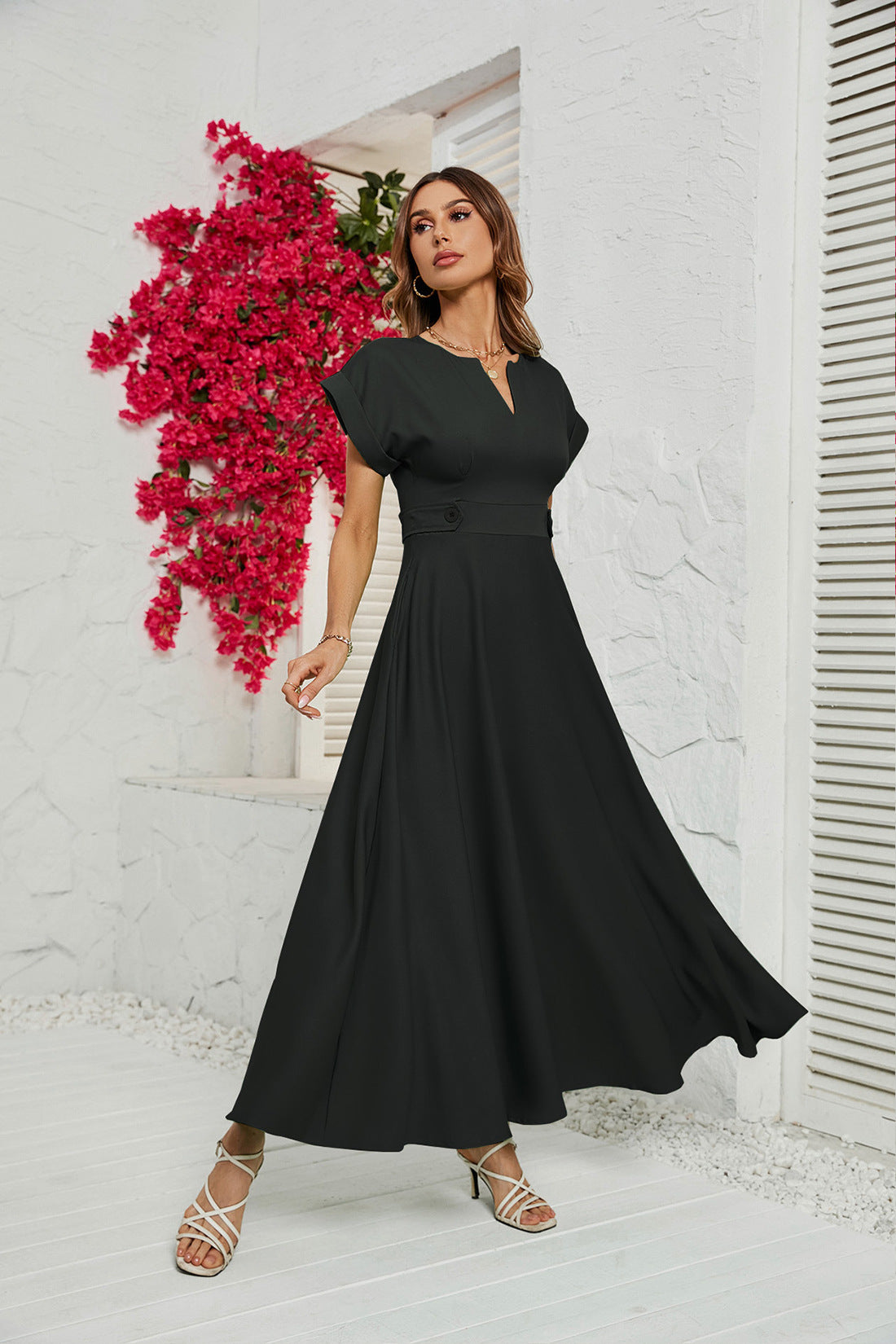 Women's Small V-neck Short-sleeved Waist Dress CD548