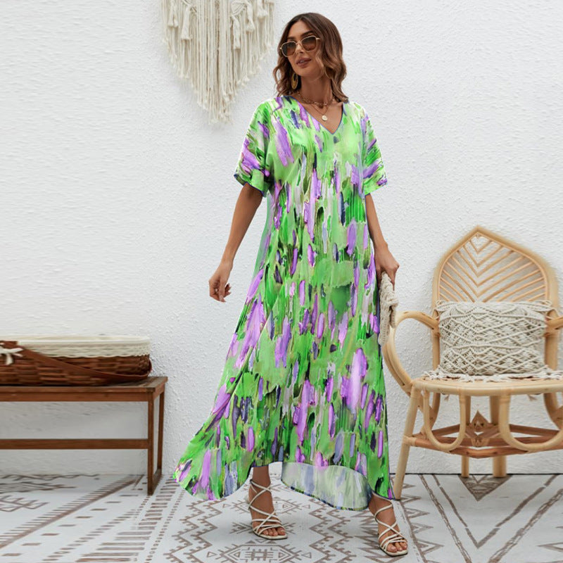 Women's Printed Loose Swing Short Sleeve Dress CD511