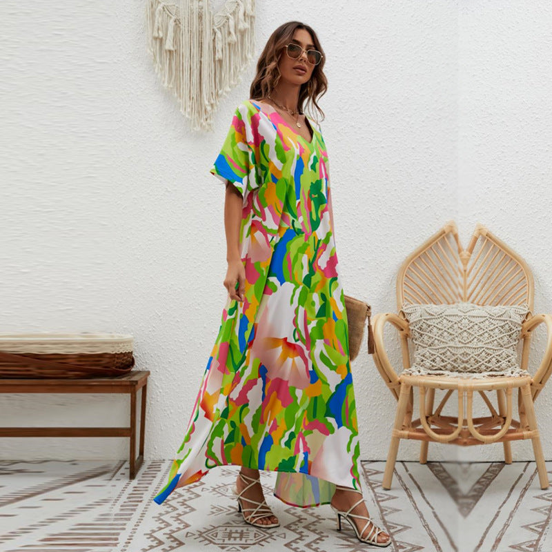Women's Printed Loose Swing Short Sleeve Dress CD511