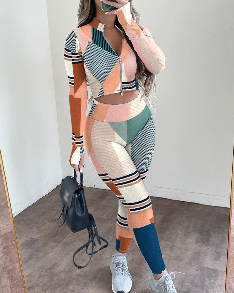 Printed Long Sleeve Zipper Sports Knitted Top & Pant Sets
