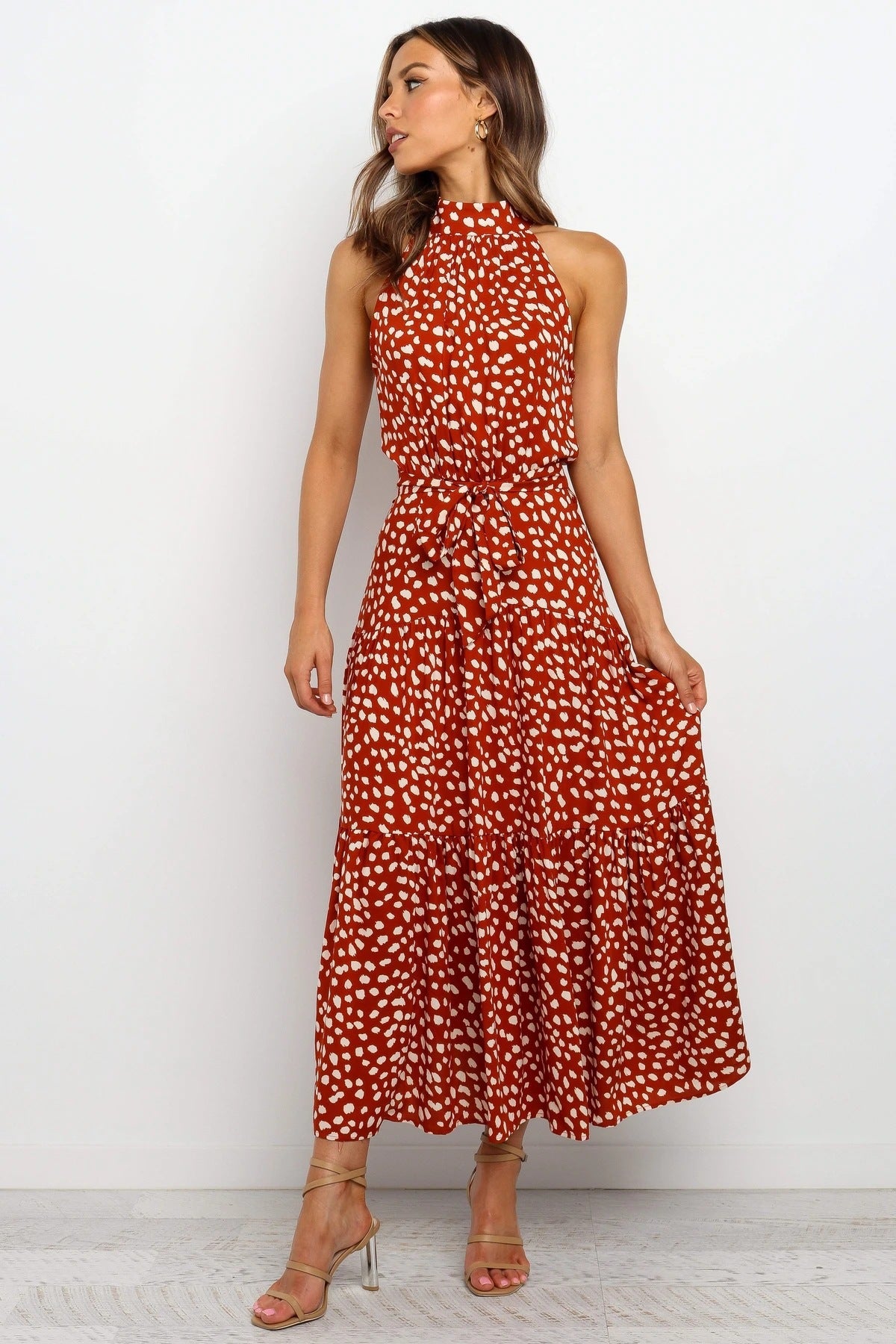 Leopard Print Mid Waist Sleeveless Ruffle Long Dress CD312