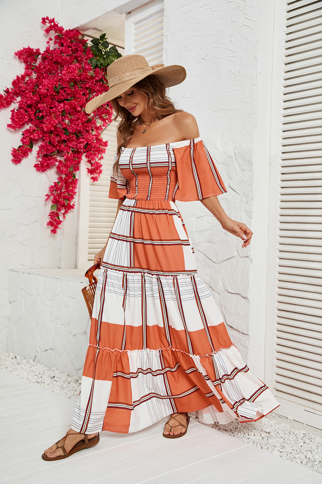 Women's Striped Ruffled Dress with A Line Neck CD565