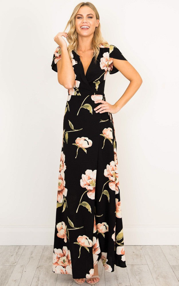 Printed V-neck Short Sleeved Big Swing Long Dress CD287