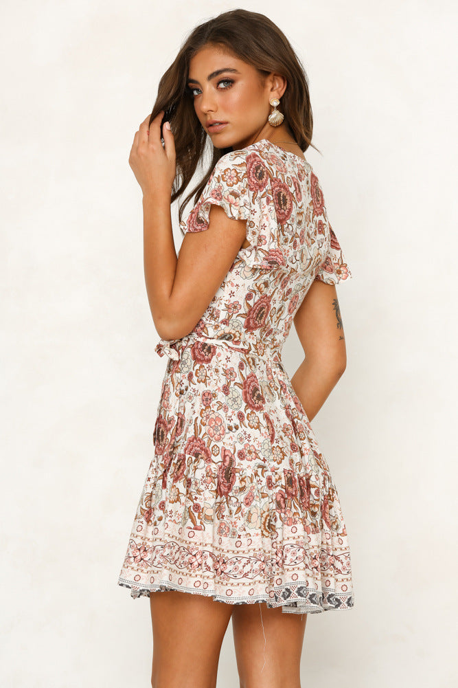 Short-sleeved V-neck Printed Floral Dress CD398