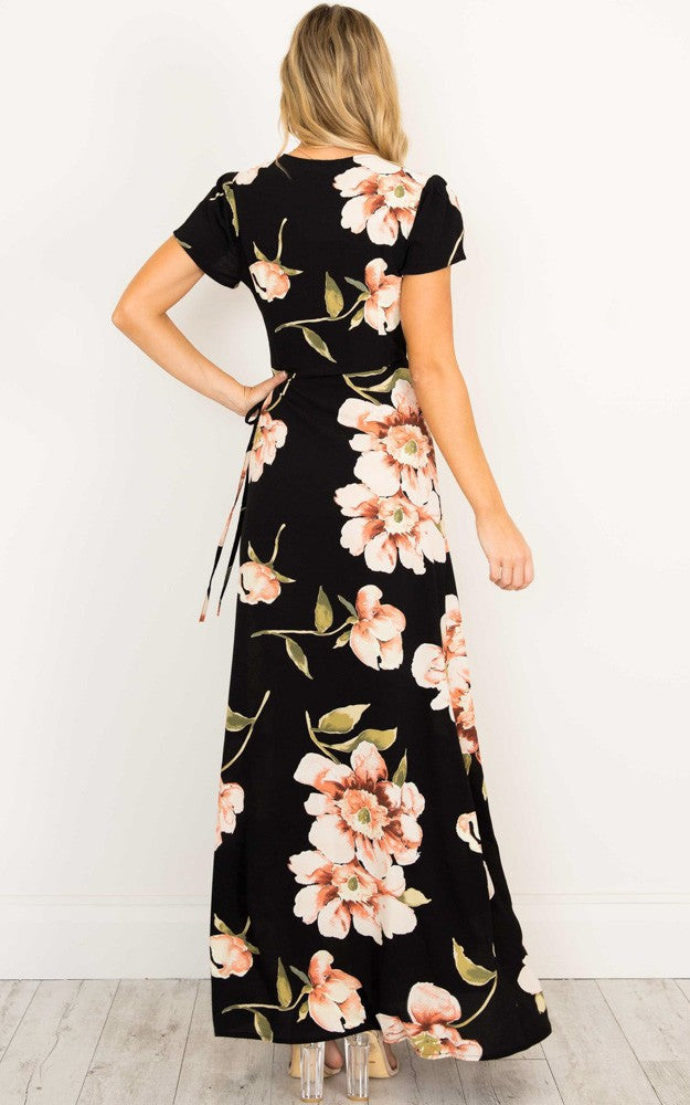 Printed V-neck Short Sleeved Big Swing Long Dress CD287