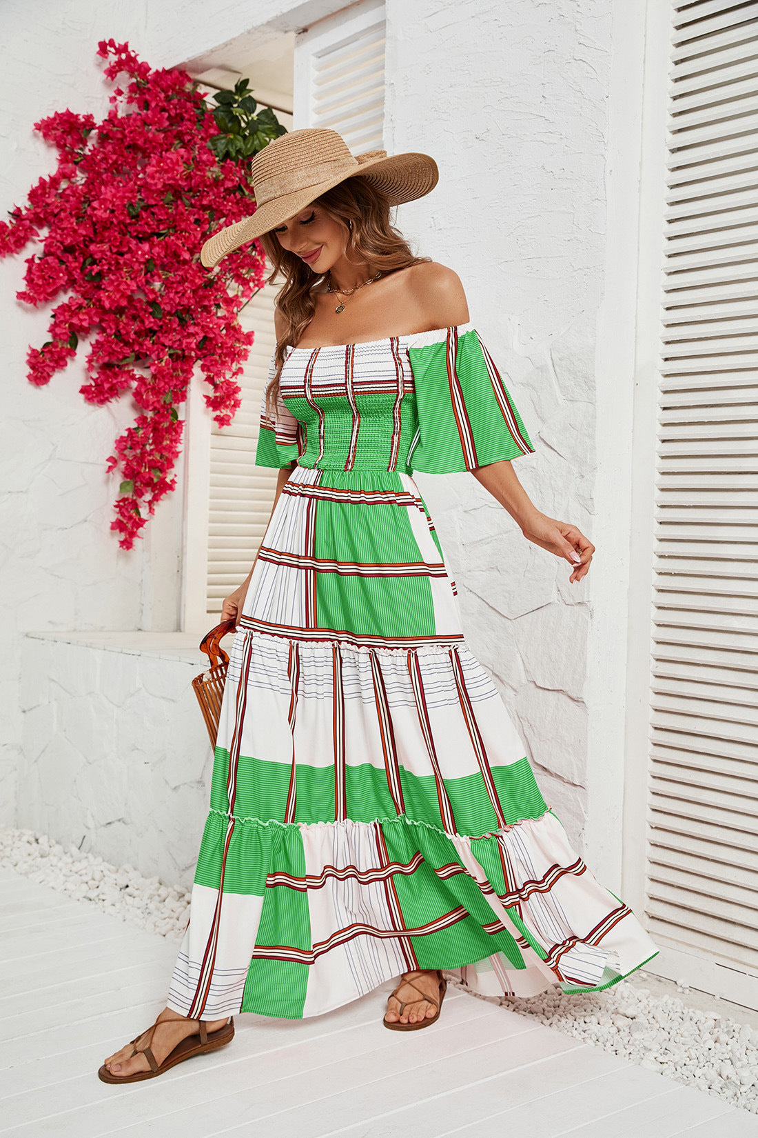 Women's Striped Ruffled Dress with A Line Neck CD565