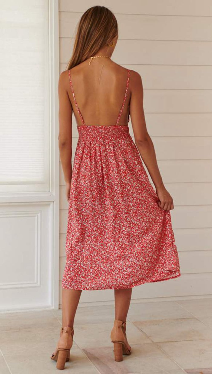 Sleeveless Suspender V-neck Floral Sexy Backless Dress CD341
