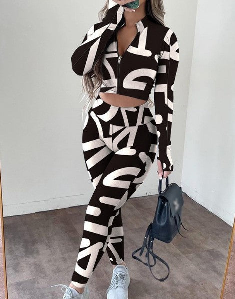 Printed Long Sleeve Zipper Sports Knitted Top & Pant Sets