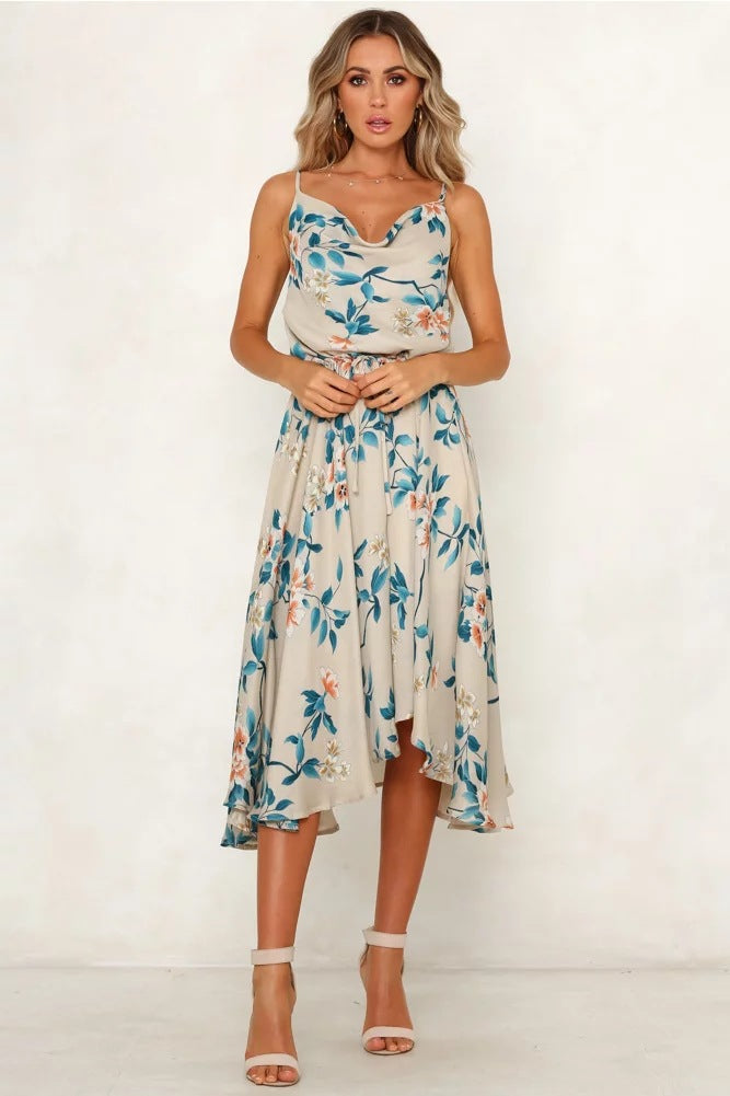 Printed Suspenders Sleeveless Sexy V-neck Dress CD396