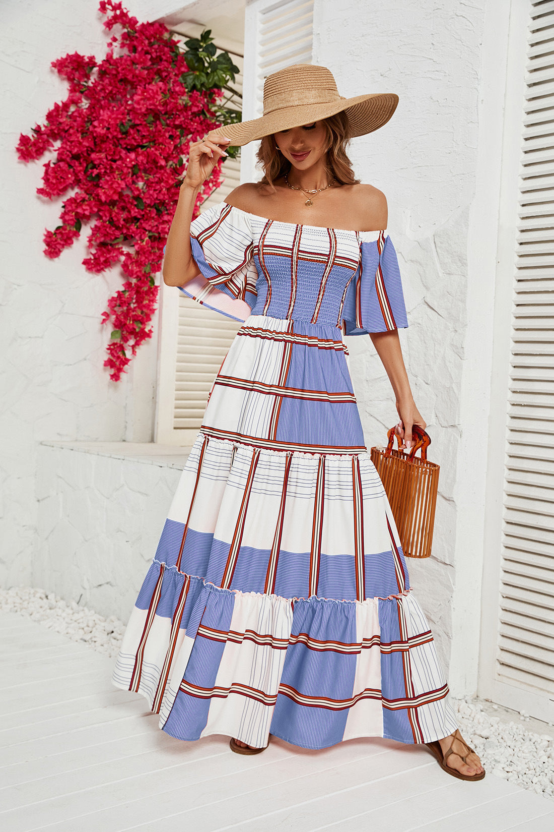 Women's Striped Ruffled Dress with A Line Neck CD565